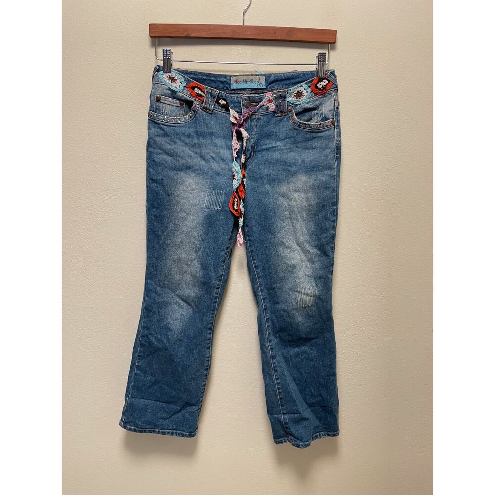 Vintage Womens Jeans Size 6 Rhinestone Floral Crochet Belt Cropped Hippie Y2K